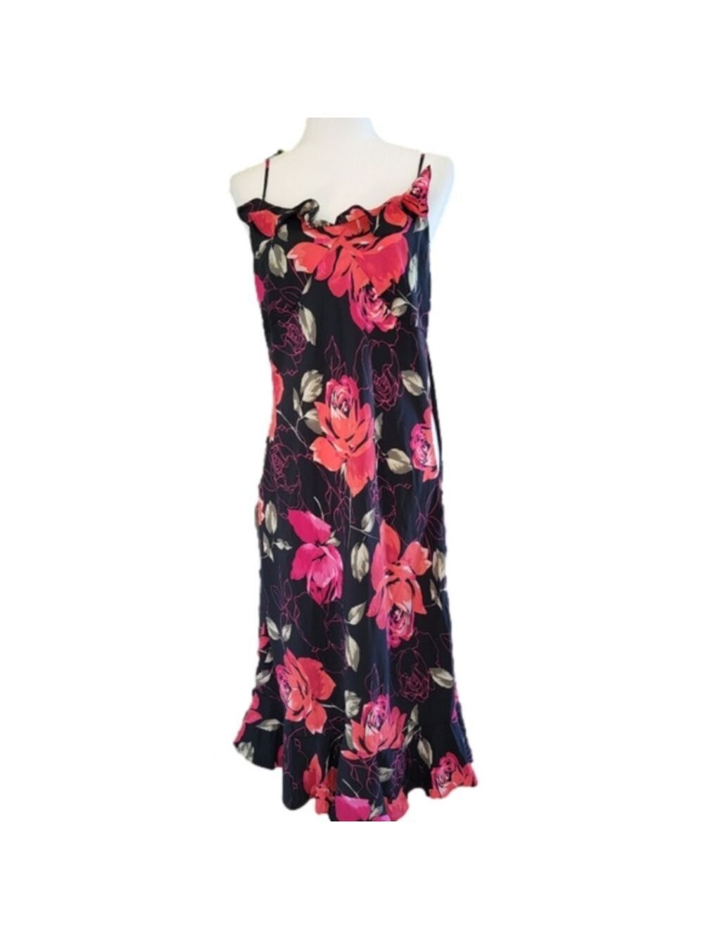 Mlle Gabrielle Floral Maxi Dress Black Red Rose Spaghetti Strap Size 16 EUC